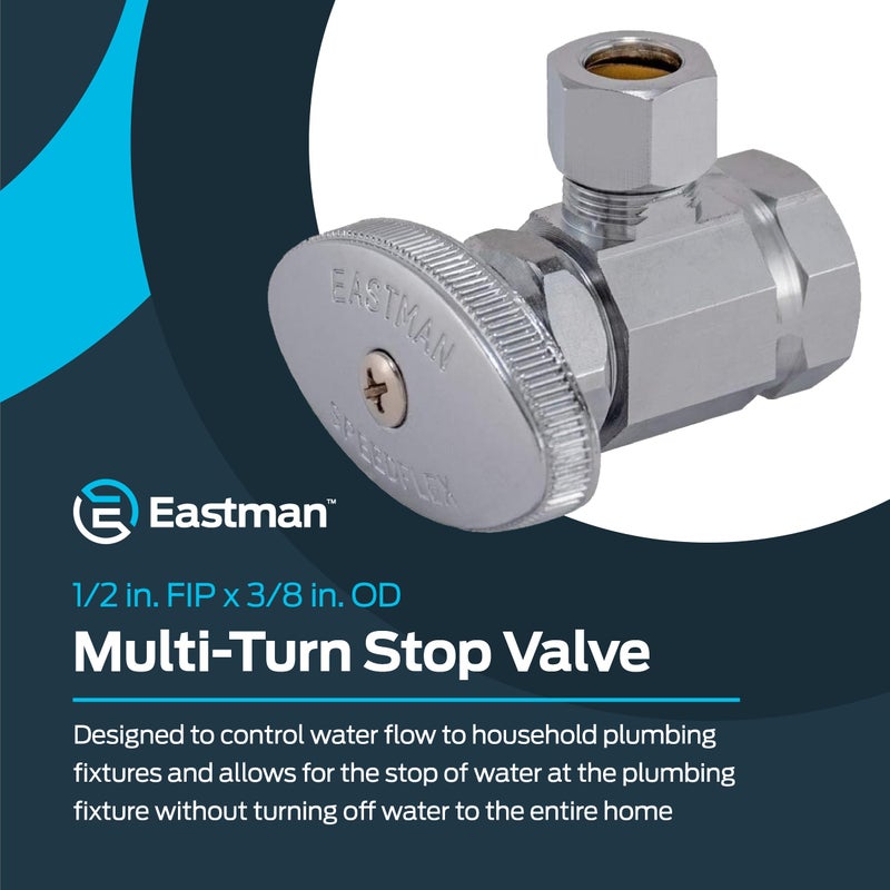 Eastman 1/2 Inch FIP x 3/8 Inch OD Compression Multi-Turn Angle Stop Valve with Brass Stem, Brass Plumbing Fittings, Chrome, 10809LF - Image 2